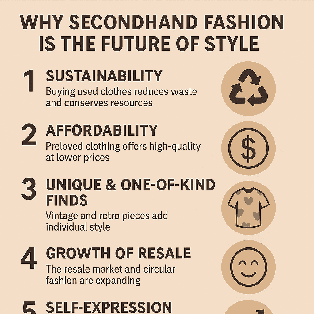 Why Secondhand Fashion is the Future of Style - sustainability, affordability, uniqueness, growth of resale, and self-expression.